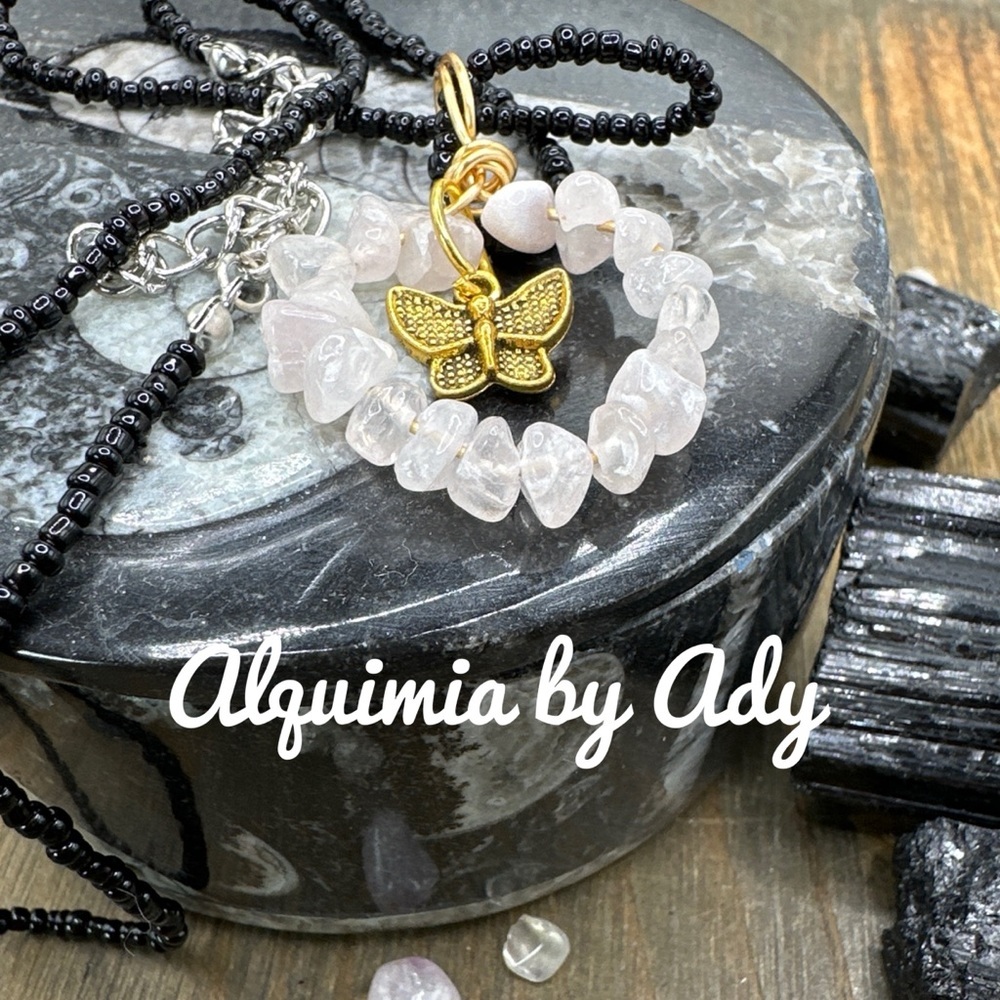 PINK QUARTZ PENDANT HANDMADE BEADED CHARMS NECKLACE